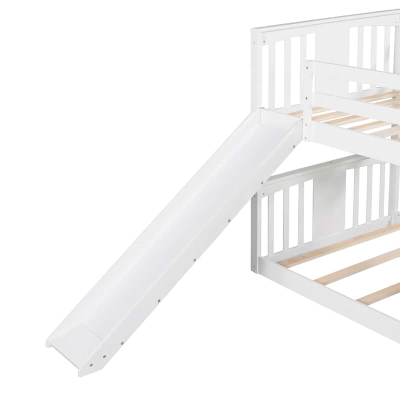 Wood Bunk Bed with Slide and Ladder, Solid Wood Bedframe with Safety Guardrail, Twin Over Twin Size, No Box Spring Needed