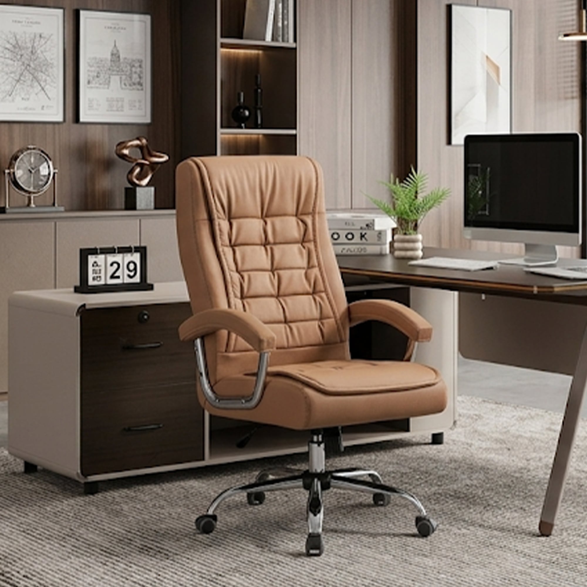 Executive Office Chair High Back Desk Chair with Spring Seat Cushion, Ergonomic Swivel Computer Chair with Chrome Armrests