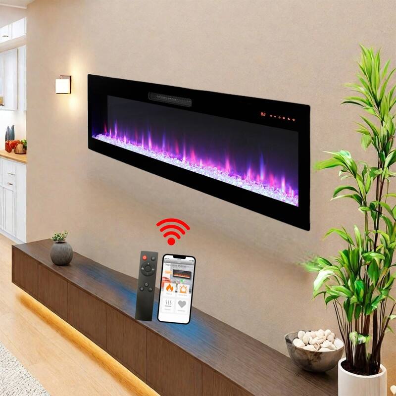 50/60 in. Smart WiFi-Enabled Wall Mount & Recessed Electric Fireplace Heaters in Black, 1400W/5000BTU