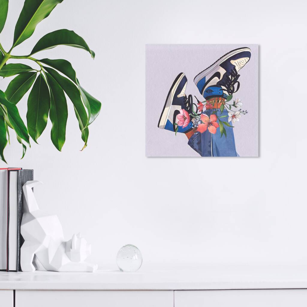 Wynwood Studio Fashion and Glam Jordans and flowers Blue and Modern & Contemporary Wall Art Canvas Print