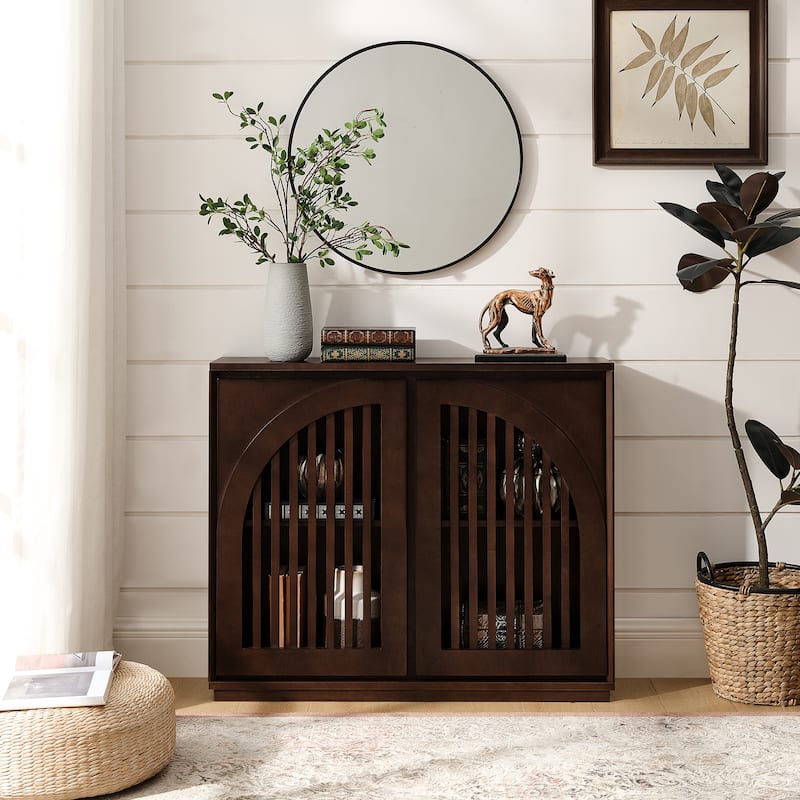 Roomfitters Fluted Sideboard Cabinet Curved Symmetrical Storage Console Narrow Buffet for Entryway & Coffee Bar - Dark Walnut
