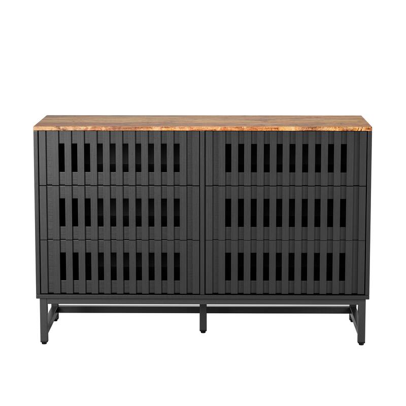 6 Drawer Double Dresser with Slatted Grille Striped Drawer, Modern Style Dresser, High-Quality MDF and Metal Leg