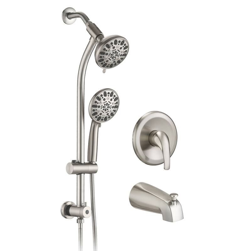 Drill-Free Rain Showerhead 7-Setting Hand, Dual Shower Head Spa System with Tup Spout (Rough-in Valve Included) - Brushed Nickel