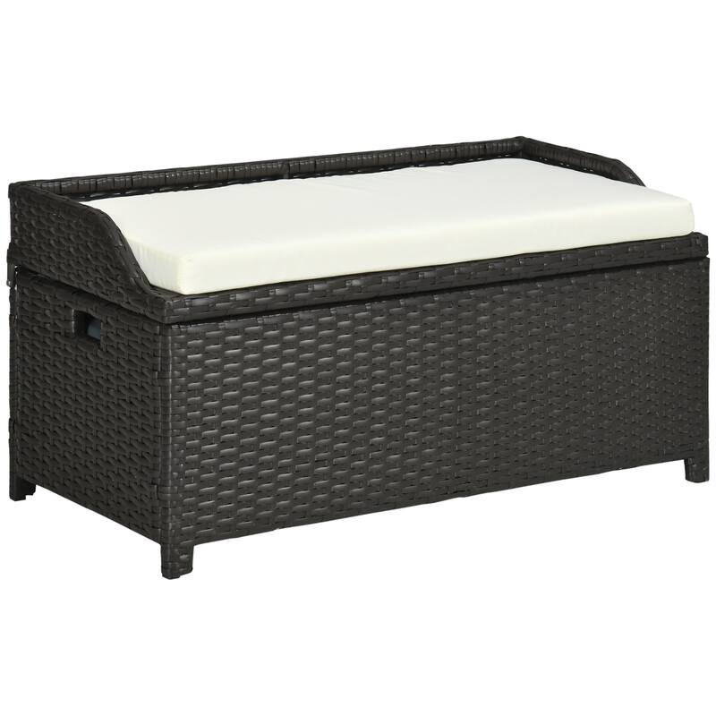 Outdoor Wicker Storage Bench Deck Box Pool Container Storage Box with Interior Waterproof Bag 2 Side Handles and Cushion