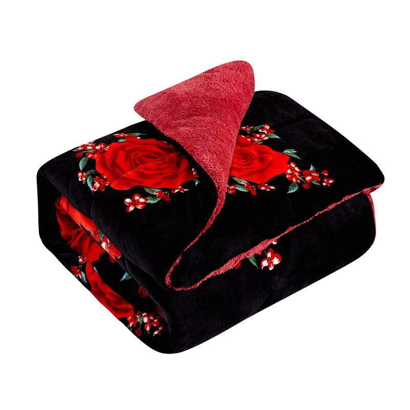 3-Piece Floral Printed Sherpa-Backing Reversible Comforter Set