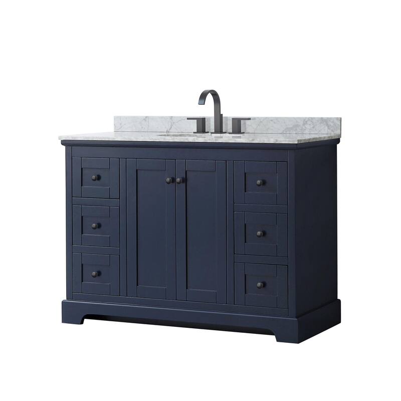 Wyndham Collection Avery 48" Free Standing Single Basin Vanity Set - Dark Blue / White Carrara Marble Top / Matte Black - Painted