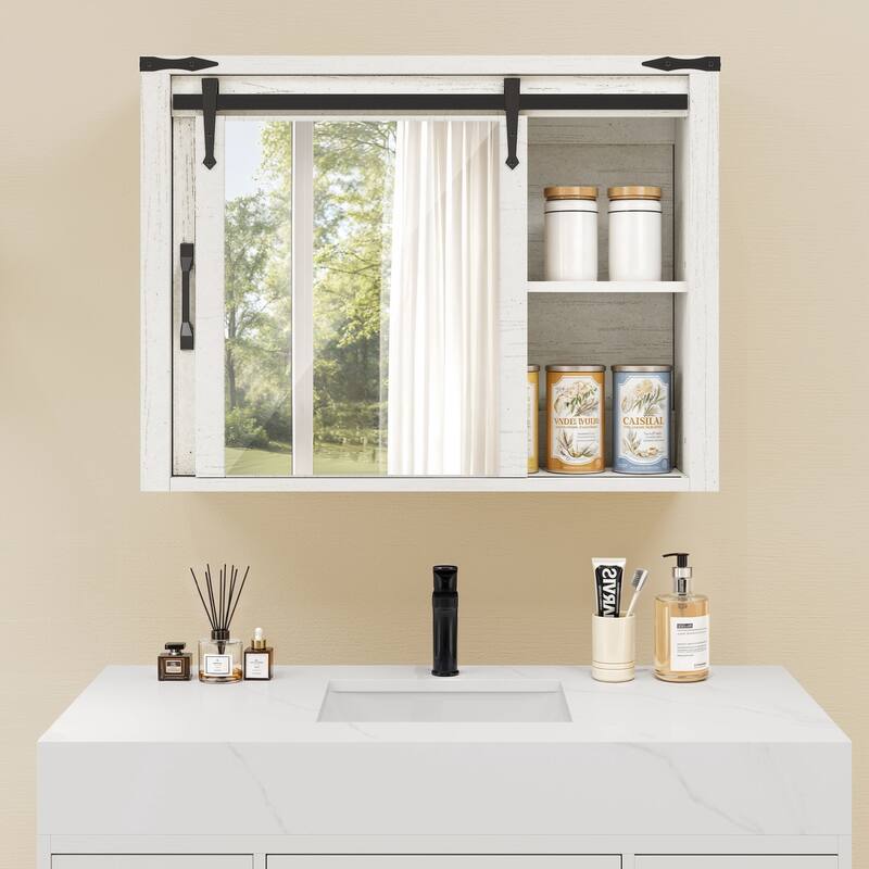 Moasis Bathroom Medicine Cabinet Wall Mounted Storage Organizer with Mirror and Sliding Barn Door
