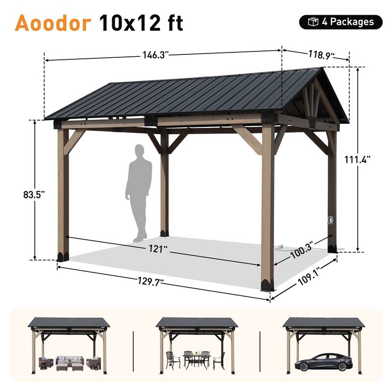 Aoodor 10 x 12 ft Wooden Frame Gazebo with Galvanized Metal Hardtop Roof, Outdoor Patio Gazebo with Outlets