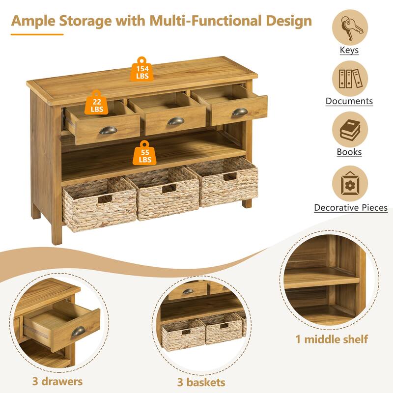 Sideboard Storage Cabinet with 3 Drawers & Water Hyacinth Woven Baskets, Wood Console Table for Living Room Hallway Entryway