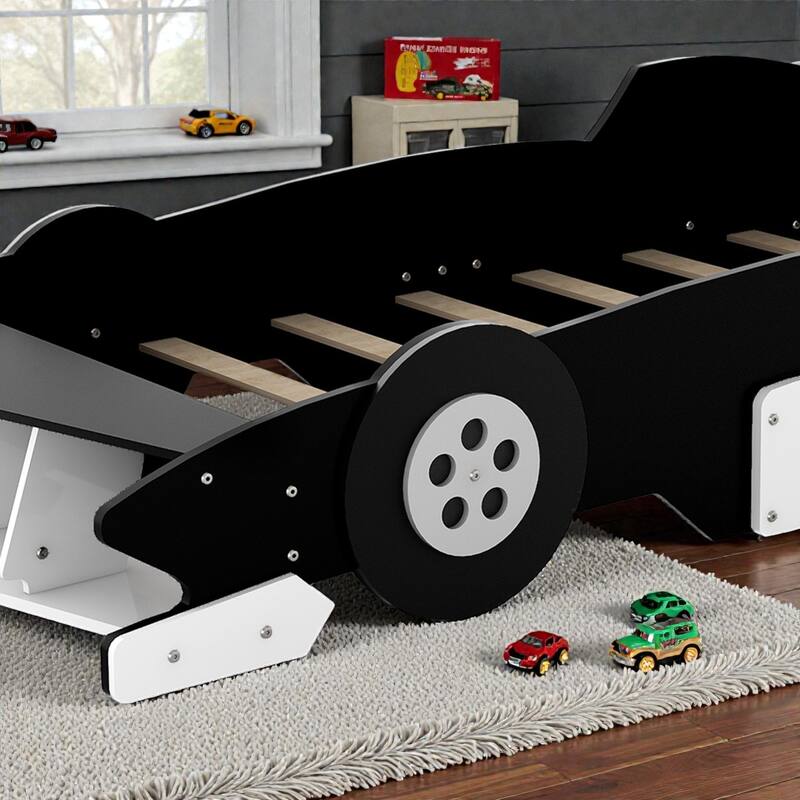 Race Car Platform Bed with Wheels, Kids Car-Shaped Bed Frame with Safety Rails