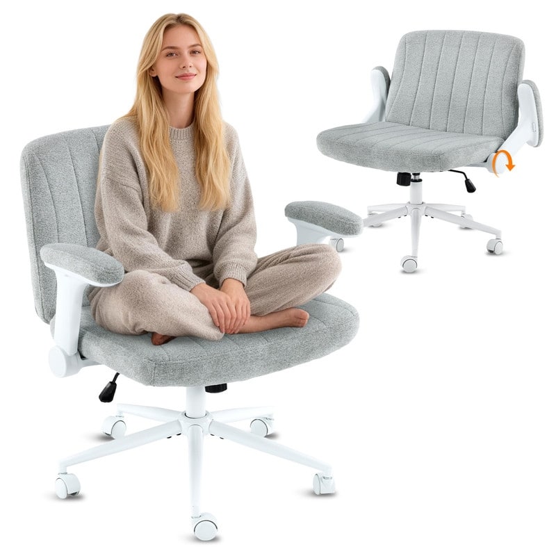 Chenille Swivel Chair With Adjustable Flip-Up Arms For Cross-Legged