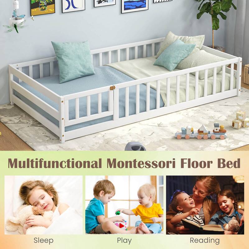 Costway Twin Size Floor Bed with Door & Fence with Safety Guardrails &