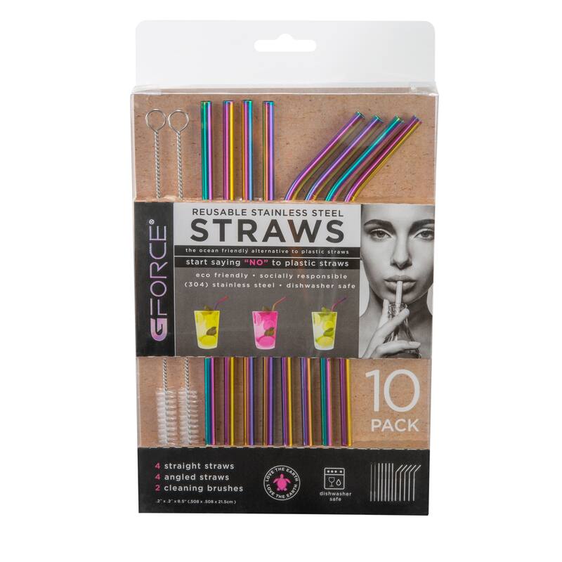 Gforce Eco-Friendly Reusable Stainless Steel Rainbow 10 Pack Straw Set, Including 2 Cleaning Brushes - 8.46"