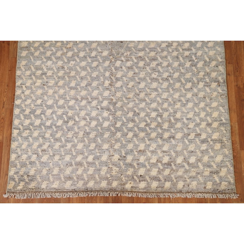 Hand Knotted Oriental 100% Wool Carpet Modern All-Over Greys & Charcoal Moroccan Area Rug - 7' 8'' X 5' 1''