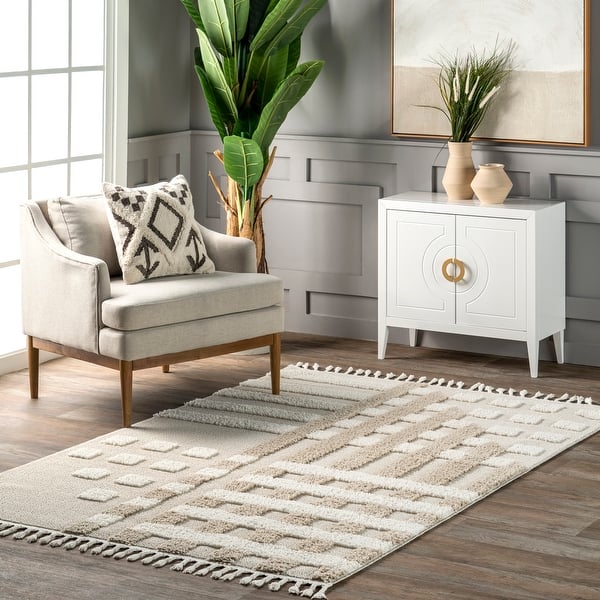 slide 2 of 9, Nuloom Cordelia Fragmented Stripes Tasseled Area Rug 3' x 5' - Ivory - Rectangle
