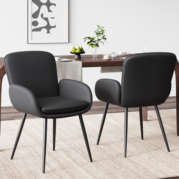 slide 2 of 9, Modern minimalist dining chair faux leather upholstery with metal legs Black - Set of 2