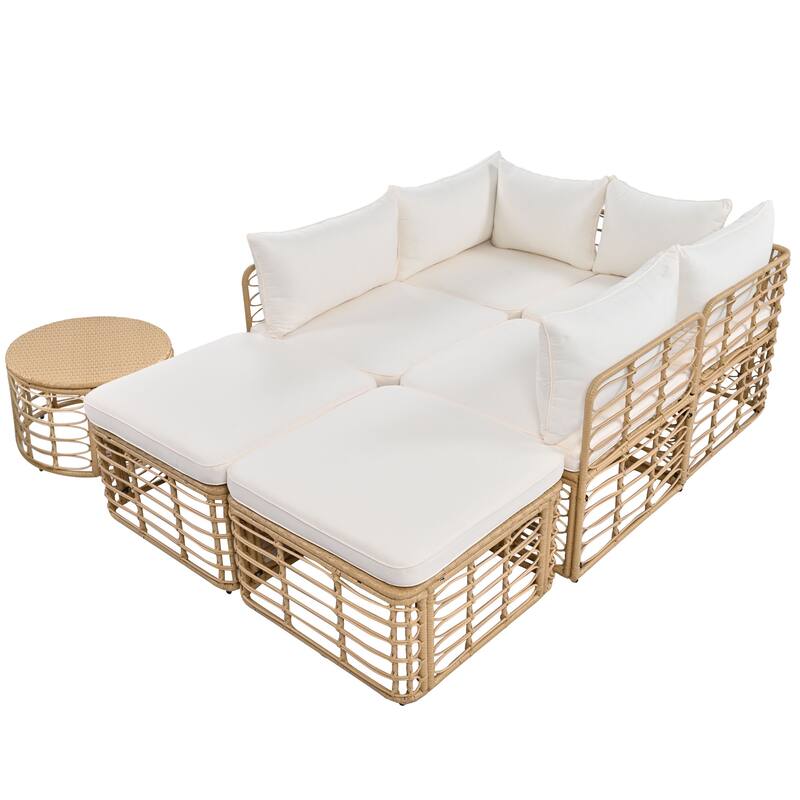 7 Pieces Outdoor Patio Furniture, with Thick Cushions & Pillows, All-Weather Rattan Sectional Sofa Set wRound Coffee Table