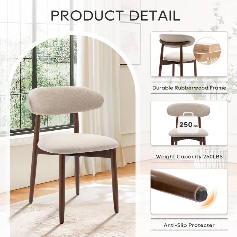 Set of 2 Wooden Dining Chairs, Fabric Upholstered, Beige