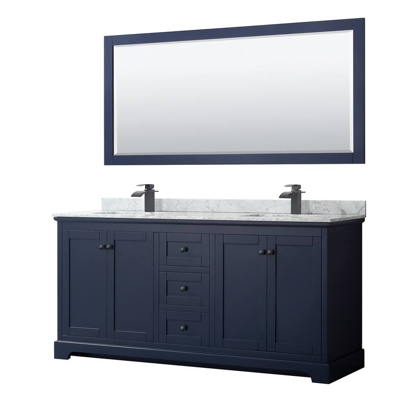 Avery 72-inch Double Vanity, Marble Top, Square Sinks, 70-inch Mirror - Dark Blue, Black Trim, White Carrara Marble Top