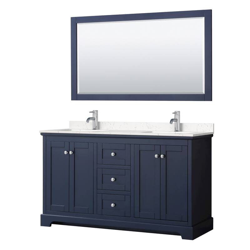 Wyndham Collection Avery 60" Free Standing Double Basin Vanity Set - Dark Blue / Carrara Cultured Marble Top / Polished