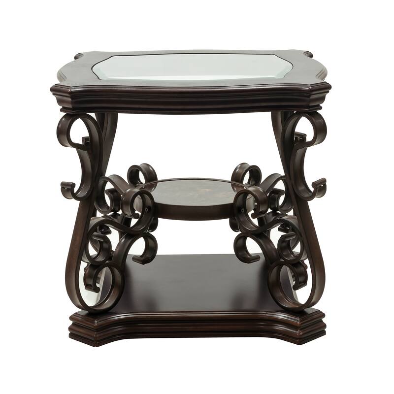 Retro Glass top End Table with Middle Shelf and Metal Legs