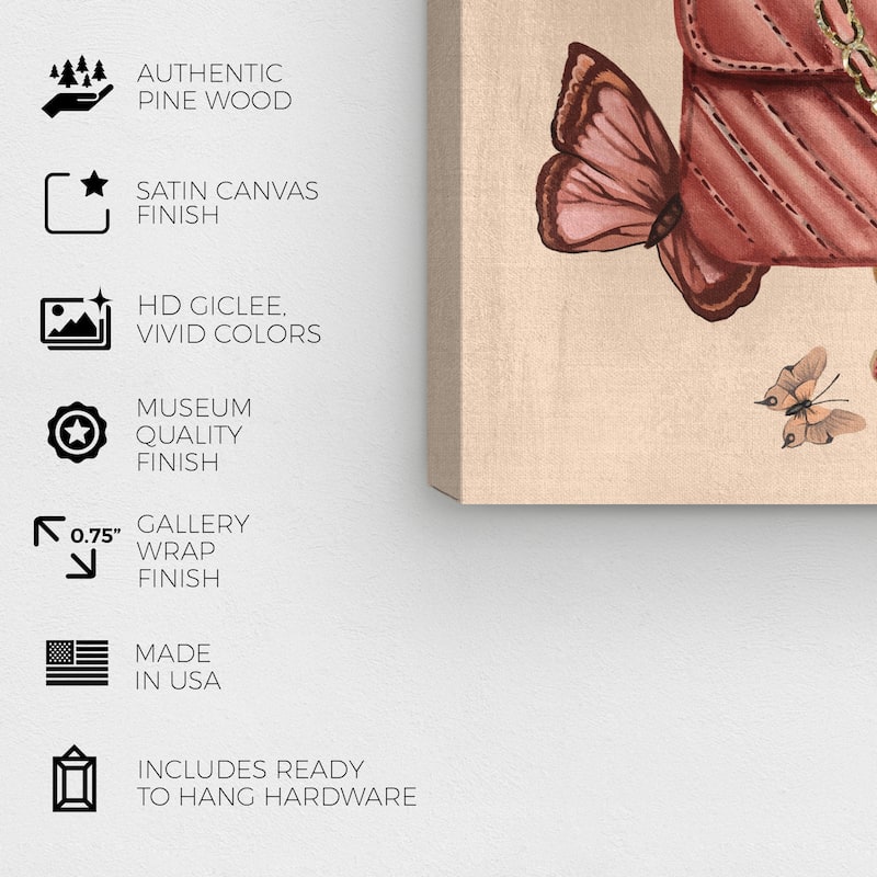 Wynwood Studio Canvas Fashion and Glam Vintage Butterflies Glam Bag Pink and Metallic Gold Glam Wall Art Canvas Print