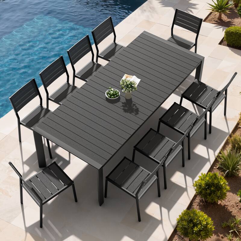 Set of 11 Outdoor Patio Dining Set WoodLike Table Top Aluminum Rectangular Umbrella Hole Table with Stackable Chairs
