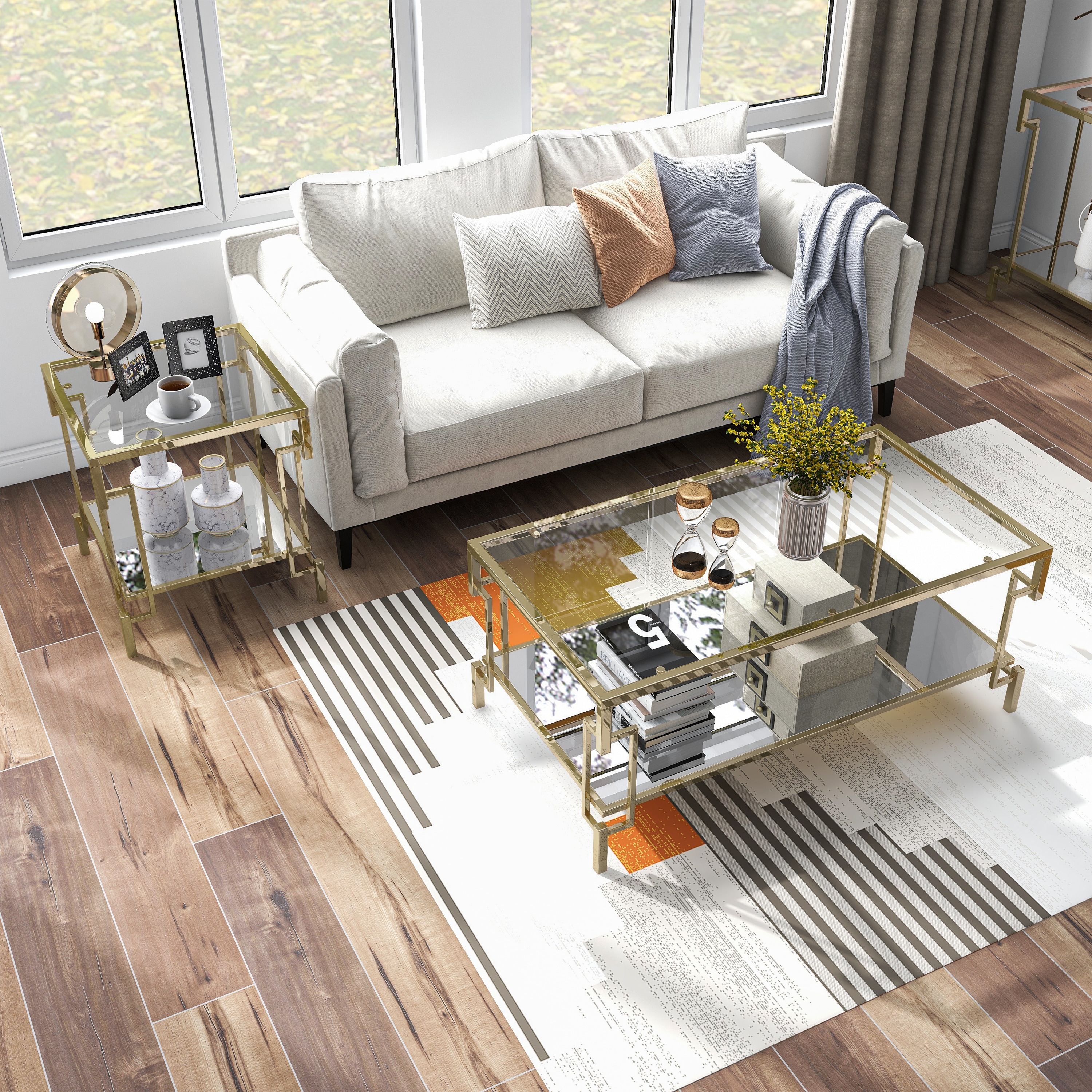 Furniture of America Yout Glam Glass Top 2-Piece Coffee Table Set with Shelf