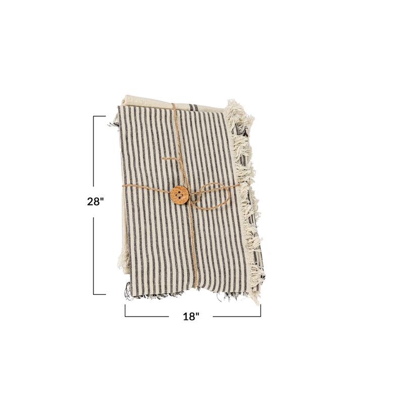 Woven Cotton Tea Towel with Stripes and Fringe - 28.0"L x 18.0"W x 0.3"H - 28.0"L x 18.0"W x 0.3"H