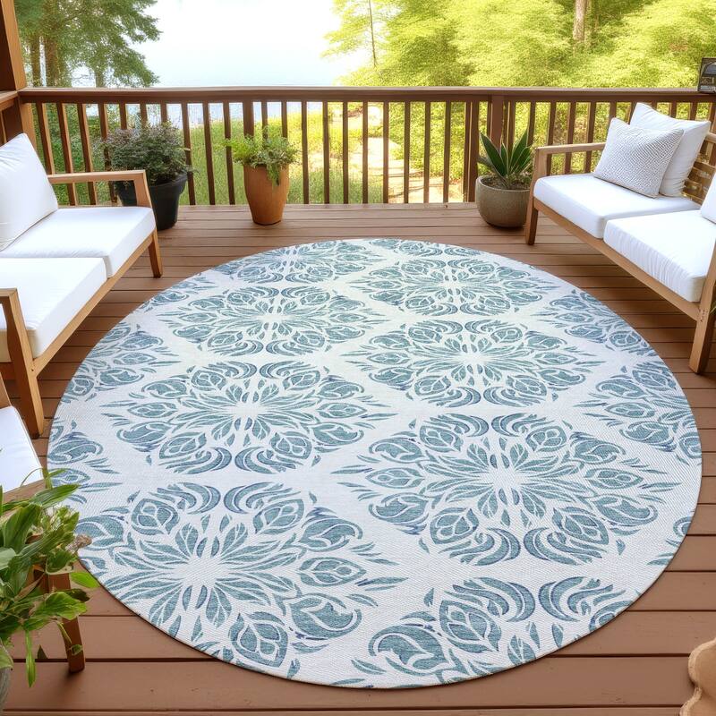 Machine Washable Indoor/ Outdoor Damask Pearl Chantille Rug - Teal - 8' x 8'