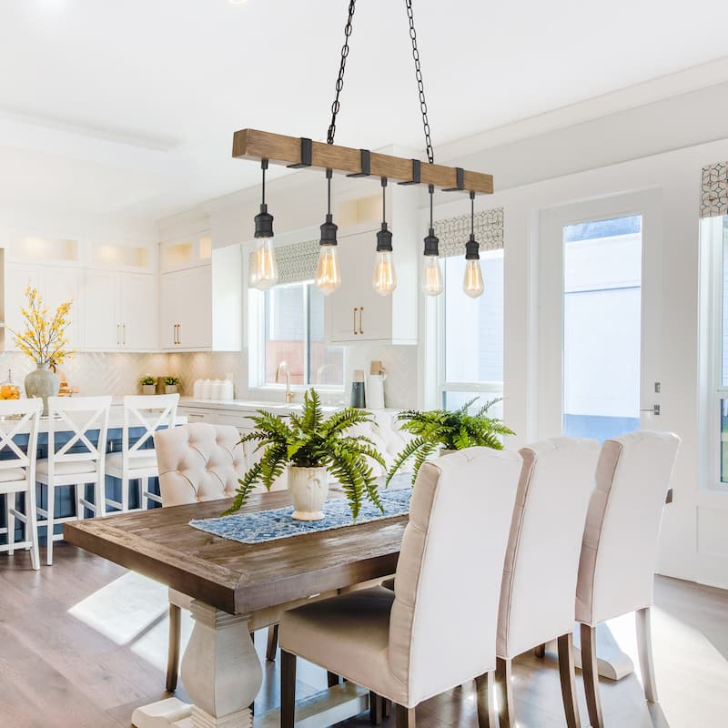 Farmhouse 5-Light Handcrafted Wood Metal Linear Pendant for Kitchen Island - L35.4" x W2.4" x H14"
