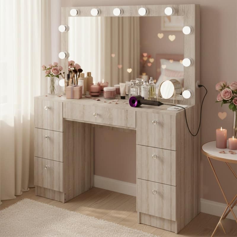 Boahaus Makeup Vanity 7 Drawers Lighted Crystal Knobs USB Port