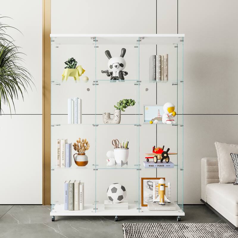 12 Shelves Glass Display Cabinet with 3 Columns and Lock, Curio Cabinets Tempered Glass Floor Standing Bookshelf for Living Room