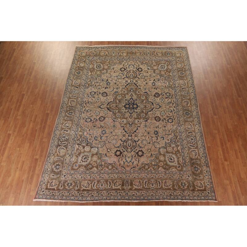 Hand Knotted Oriental 100% Wool Carpet Traditional Floral Peach Mashad Area Rug - 12' 7'' X 9' 9''