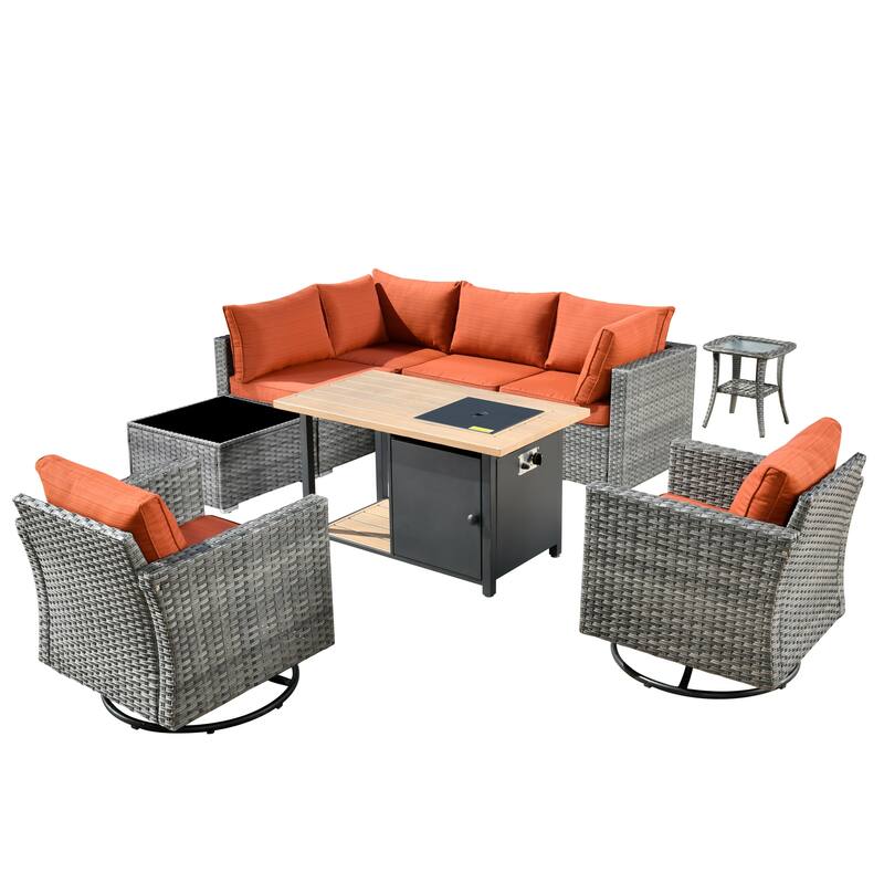 XIZZI 9-piece Outdoor Patio Wicker Sectional Sofa Set with Fire Pit Table