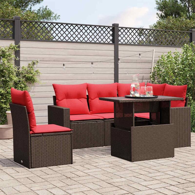 vidaXL Patio Sofa Set with Cushions and Table Outdoor 6 Piece Poly Rattan - 24.4 x 24.4 x 27.2 - Brown