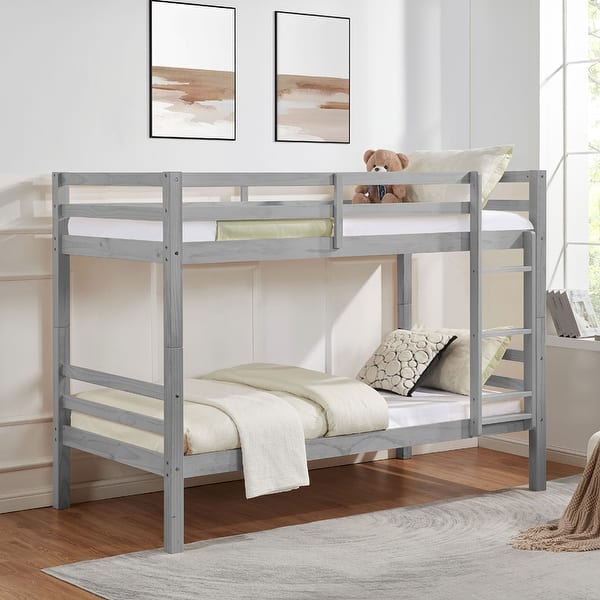 slide 2 of 43, Twin over Twin Wooden Bunk Bed,High Guardrail,Ladder,Kids Teens,Dorm Grey