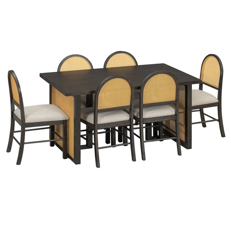 7-Piece Farmhouse Dining Table Set with Distressed Oak Veneer and Upholstered Rattan Chairs for Gatherings