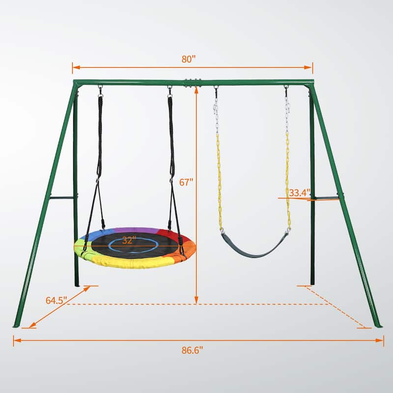 Trekassy 440lbs 2 Seat Swing Set for Backyard, 1 Saucer Swing Seat and 1 Belt Swing Seat