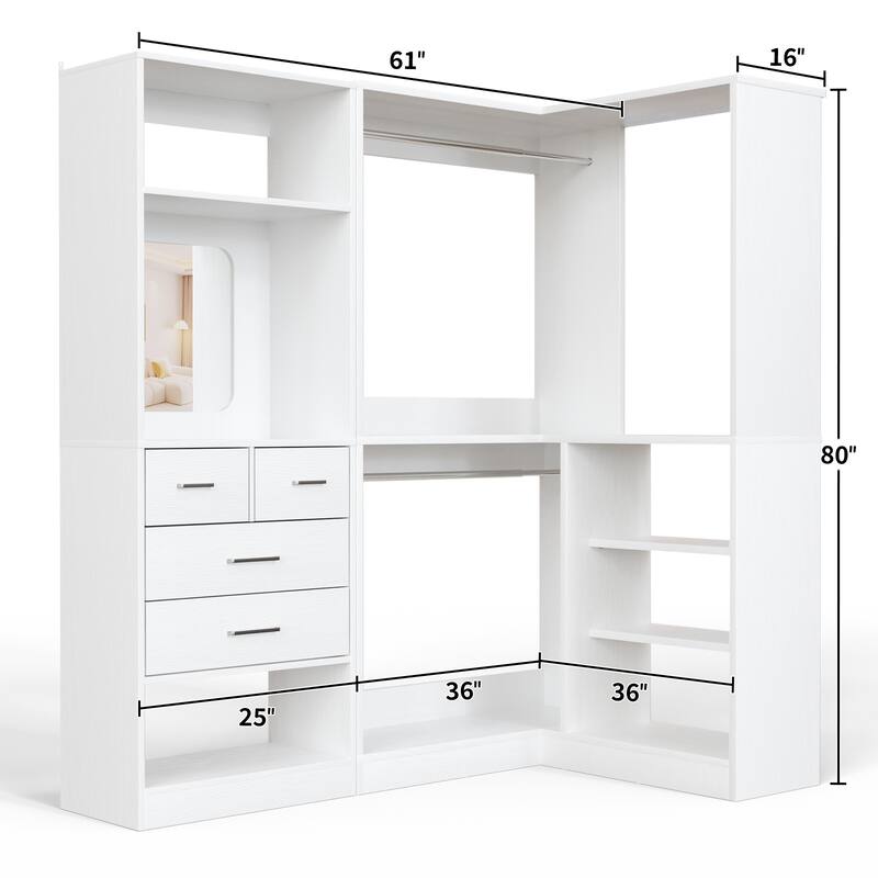 Cimly Set of 2 Corner Closet System with Drawers, Closet Organizer with Hanging Rods and Storage Shelves