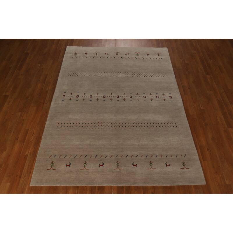 Tribal Gabbeh Area Rug Hand-Knotted Beige Oriental Wool Carpet - 5'7" x 7'10"