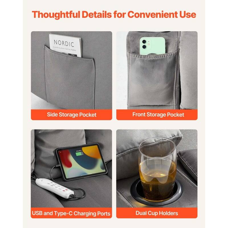 Grey Velvet Electric Recliner Loveseat with Massage, Heating and USB Ports - 61 x 35.55 x 42.13 in