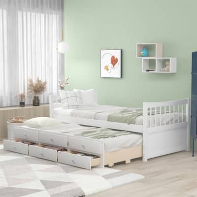 Merax Wood Daybed with Twin Trundle, Drawers