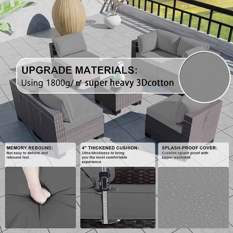 Kullavik 7 Pieces Outdoor Sectional Sofa Set Brown Wicker Patio Conversation Set with Seat Cushions and Tempered Glass Table
