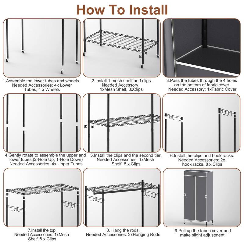 Grey Galvanized Tubes 2-Tier Covered Wardrobe Rack with Wheels and Hooks - 35.43x17.13x72.44in