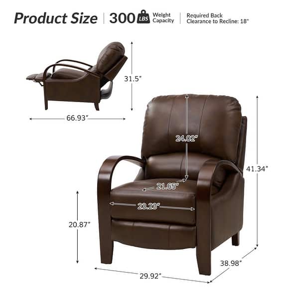 dimension image slide 9 of 14, Alex Mid-century Modern Genuine Leather Manual Recliner with Wooden Curved Arms