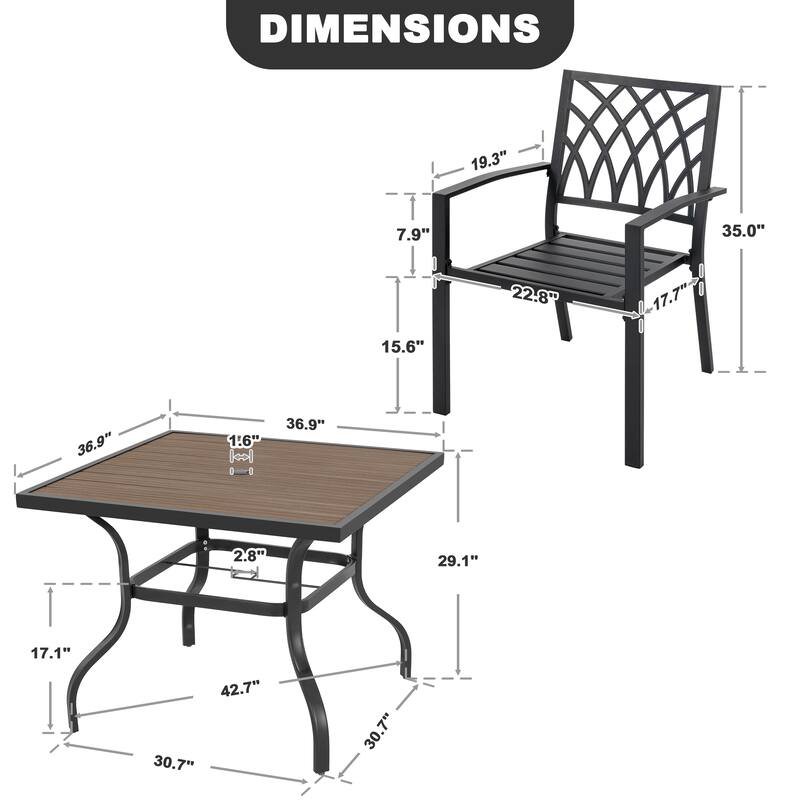 5PCS Patio Metal Dining Set with Umbrella Hole and Faux Wood Tabletop