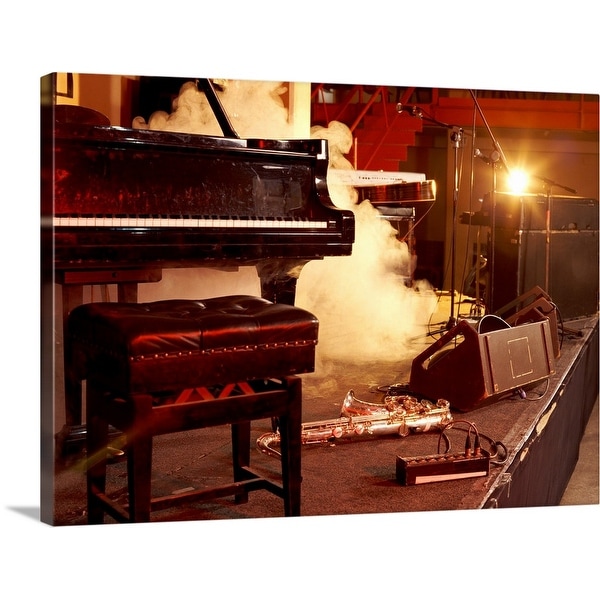 "Piano, Saxophone and Microphone Stands on a Smoky Stage" Canvas Wall Art