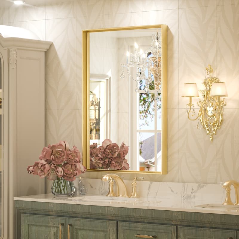 KEONJINN Modern Metal Framed Bathroom Vanity Wall Mounted Mirror - 24x36 - Gold