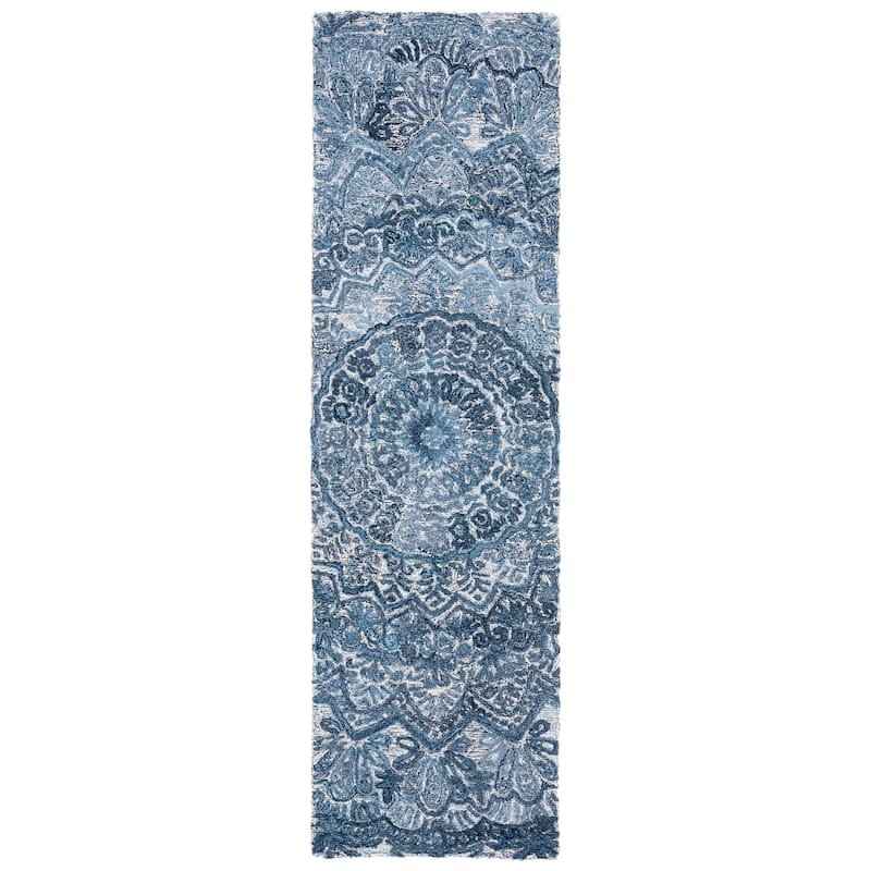 SAFAVIEH Handmade Marquee Genta Modern Medallion Wool Rug - 2'3" x 8' Runner - Blue/Grey